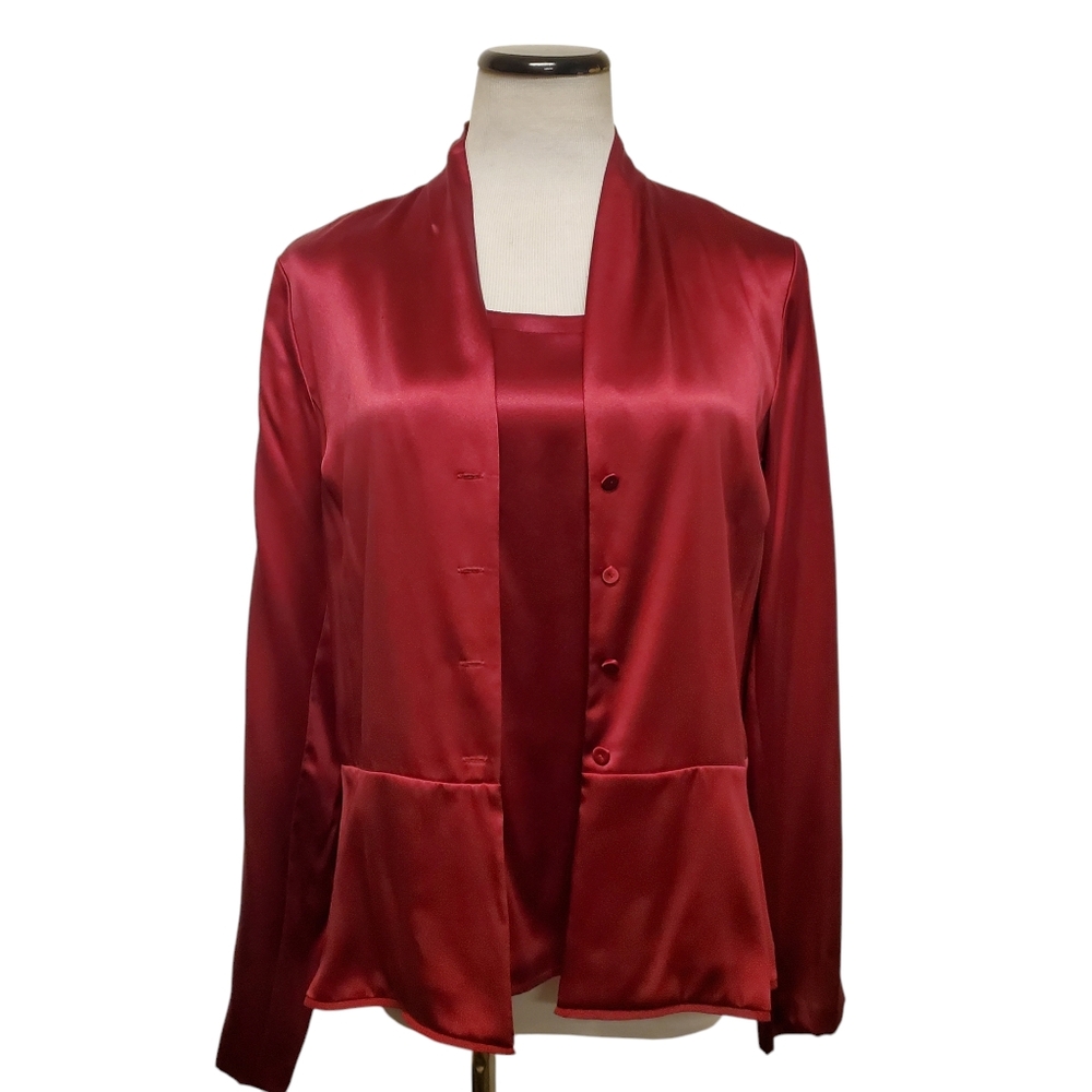 Eileen Fisher Red Silk Jacket & Sleeveless Blouse Set - Size Medium - Luxury